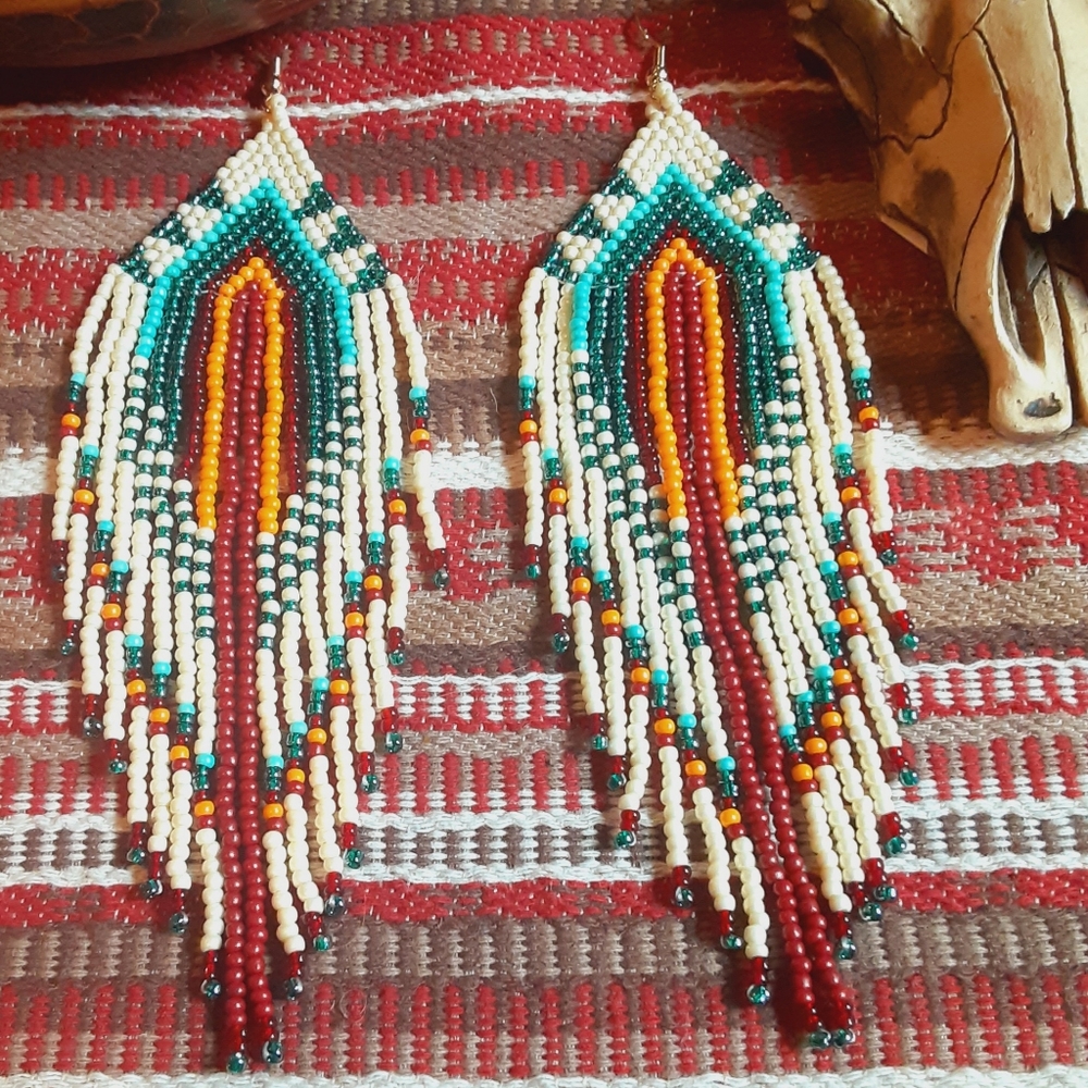 NEW Miyuki Handmade Tribal Ethnic Southwestern Style Seed Bead Fringe Earrings